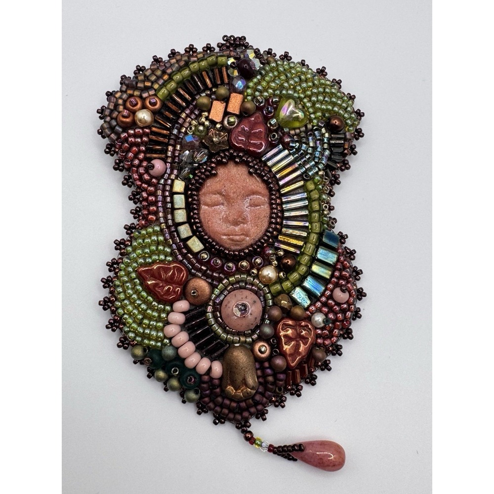 Hand Beaded Wearable Art Pendant Fiber Art Bead Embroidery 4.5"